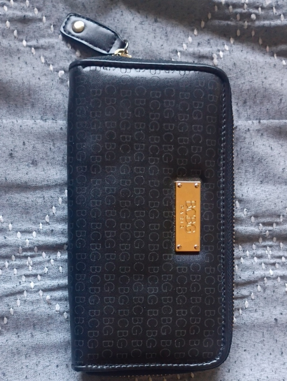 BCBG Paris Black Embossed Zip Wallet